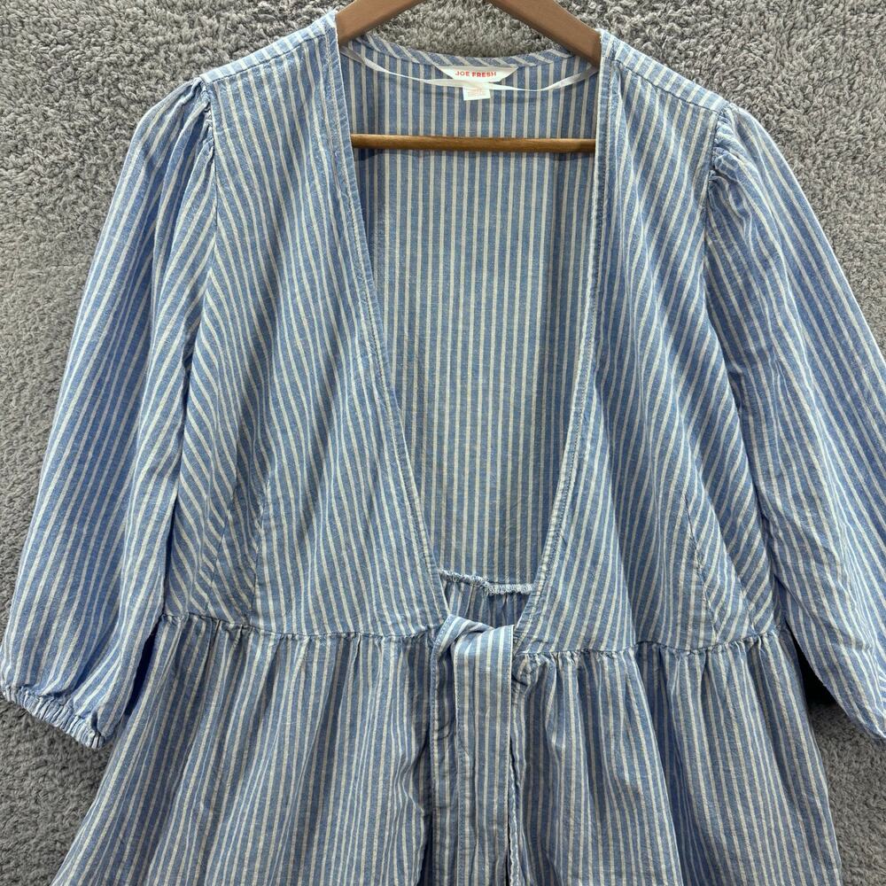 Joe Fresh Women's M Blue White Striped Linen Blend Kimono Style Cardigan Jacket